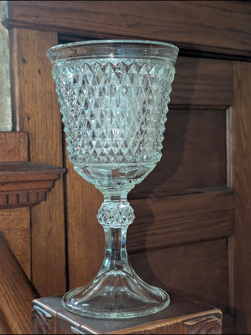 Vintage Indiana Glass Clear Diamond Point Pedestal Chalice EUC Mint 11" tall 5.5